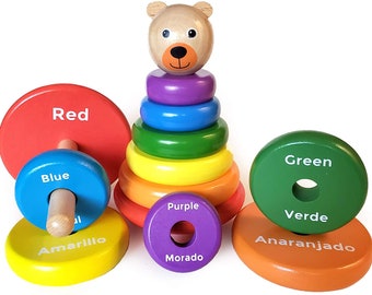 Anneaux empilables en bois bilingues - Apprenez les couleurs de l'arc-en-ciel en anglais et en espagnol - Blocs de construction en bois