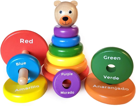 Bilingual Wood Stacking Rings - Learn Rainbow Colors in English & Spanish - Wood Building Blocks