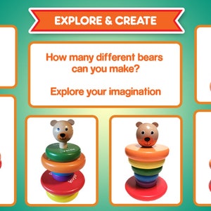 Puede incluir: Un conjunto de anillos de apilar de madera de colores con una cabeza de oso en la parte superior. Los anillos son de diferentes colores, incluyendo rojo, naranja, amarillo, verde, azul y morado. La cabeza del oso es marr&oacute;n con una nariz y ojos negros. El texto "Explorar y crear" est&aacute; escrito en naranja sobre una pancarta blanca. El texto "&iquest;Cu&aacute;ntos osos diferentes puedes hacer?" est&aacute; escrito en negro. El texto "Explora tu imaginaci&oacute;n" est&aacute; escrito en naranja.