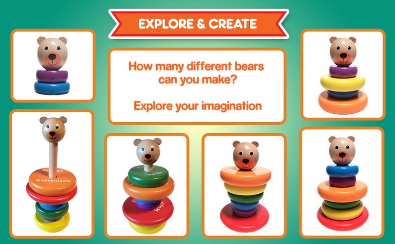 Puede incluir: Un conjunto de anillos de apilar de madera de colores con una cabeza de oso en la parte superior. Los anillos son de diferentes colores, incluyendo rojo, naranja, amarillo, verde, azul y morado. La cabeza del oso es marr&oacute;n con una nariz y ojos negros. El texto "Explorar y crear" est&aacute; escrito en naranja sobre una pancarta blanca. El texto "&iquest;Cu&aacute;ntos osos diferentes puedes hacer?" est&aacute; escrito en negro. El texto "Explora tu imaginaci&oacute;n" est&aacute; escrito en naranja.