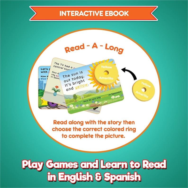 Puede incluir: Libro electr&oacute;nico interactivo para aprender a leer en ingl&eacute;s y espa&ntilde;ol. El libro electr&oacute;nico presenta una ilustraci&oacute;n colorida de un sol y las palabras "The sun is out today. It's bright and yellow." con un c&iacute;rculo amarillo etiquetado "Yellow/Amarillo" al lado.