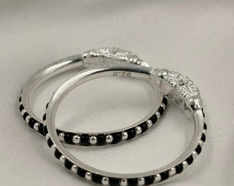 925 Sterling Silver Baby Kada, Black Bead Nazariya for Newborns, Traditional Protection Kada for Toddlers, Gift for New Baby