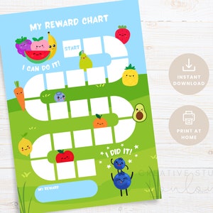 May include: A colorful reward chart with a blue sky background and green grass. The chart features cartoon fruits like a strawberry, pineapple, and avocado. Text includes "My Reward Chart", "I Can Do It!", and "I Did It!"