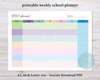 Printable Homeschool Weekly Planner, Weekly School Subject Schedule, Instant Download, A3, A4 and Letter Size, Horizontal