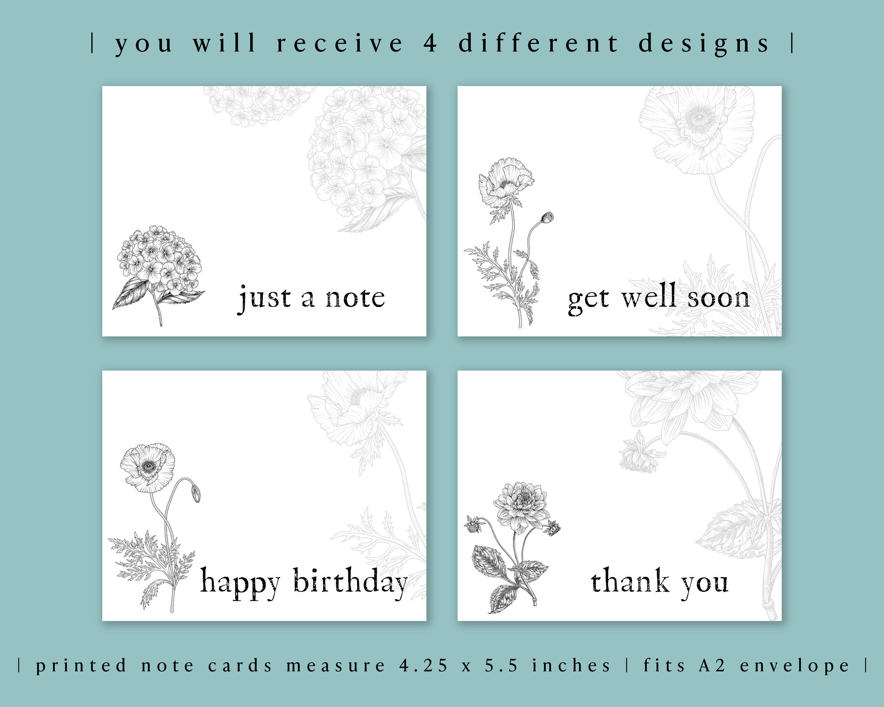 Botanical Note Cards Printable: Black and White Floral Greeting Card ...