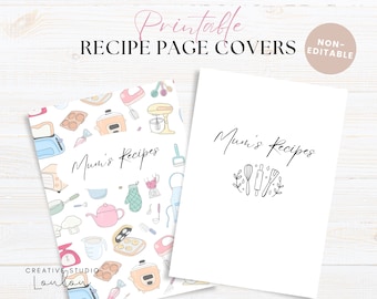 Puede incluir: Dos portadas de página de receta imprimibles con el texto "Recetas de Mamá" en una fuente manuscrita. La primera portada presenta un fondo blanco con un patrón colorido de utensilios de cocina y comida. La segunda portada presenta un fondo blanco con una simple ilustración en blanco y negro de utensilios de cocina y el texto "Recetas de Mamá". El texto "Portadas de página de receta imprimibles no editables" aparece en la parte superior de la imagen.