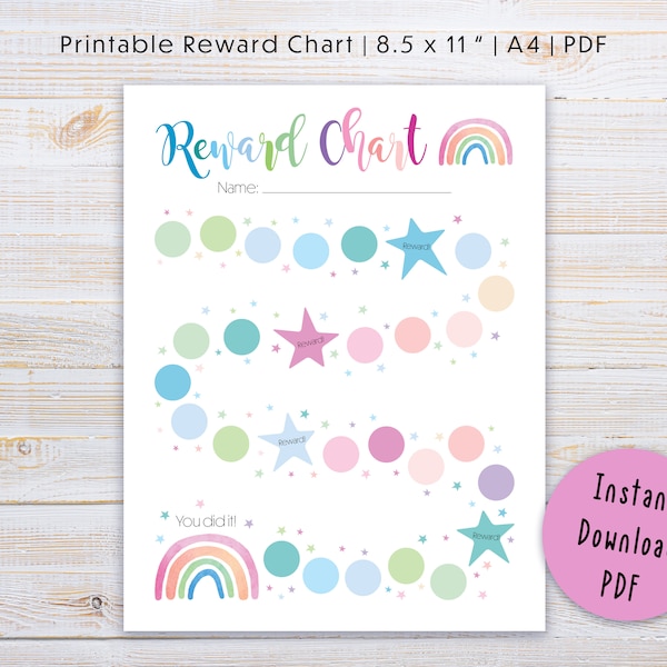 Printable Kids Reward Chart, Printable Rainbow Sticker Chart For Kids, Behavior Chart, Toddler Routine Star Chart Potty Training Goals