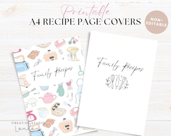 Puede incluir: Dos portadas de página de recetas A4 imprimibles. Una portada presenta un fondo blanco con un patrón colorido de utensilios de cocina y el texto "Recetas familiares". La otra portada presenta un fondo blanco con el texto "Recetas familiares" y una ilustración en blanco y negro de utensilios de cocina.