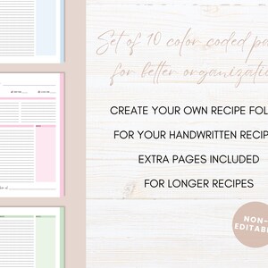 Puede incluir: Un conjunto de 10 p&aacute;ginas de recetas imprimibles con secciones codificadas por colores para una mejor organizaci&oacute;n. Las p&aacute;ginas est&aacute;n dise&ntilde;adas para recetas escritas a mano e incluyen p&aacute;ginas adicionales para recetas m&aacute;s largas. El texto "Set of 10 color coded pages for better organization" est&aacute; escrito en cursiva. El texto "CREATE YOUR OWN RECIPE FOLDER FOR YOUR HANDWRITTEN RECIPES, EXTRA PAGES INCLUDED FOR LONGER RECIPES" est&aacute; escrito en sans-serif. El texto "NON-EDITABLE" est&aacute; escrito en un c&iacute;rculo.