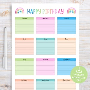 Calendario de cumpleaños para el aula Rastreador de cumpleaños para niños Imprimible para los cumpleaños de la clase Póster para maestros Tabla de cumpleaños para la decoración de la clase