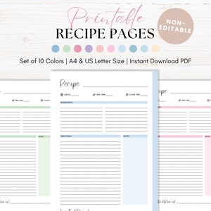Recipe Page Printable Recipe Card For Handwritten Recipe Book Family Cookbook Recipe Binder Recipe Sheet Size A4 US Letter Downloadable PDF