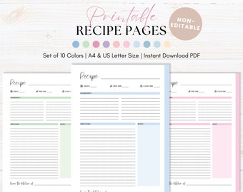Printable Recipe Page, Recipe Card For Handwritten Recipes, Family Cookbook, Recipe Binder, Size A4 and US Letter, Instant Download PDF