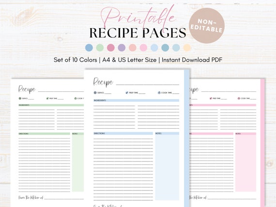 Pastel Recipe Page Printable: A4/US Letter, 10 Colors (Downloadable PDF)