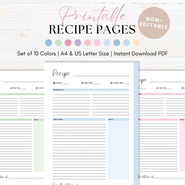 Printable Recipe Page, Recipe Card For Handwritten Recipes, Family Cookbook, Recipe Binder, Size A4 and US Letter, Instant Download PDF