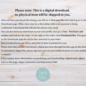 May include: Text on a woodgrain background explaining that this is a digital download and no physical item will be shipped. The text also includes instructions on how to download the digital file after purchase.