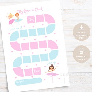 May include: A printable reward chart with a ballet theme. The chart features a path of pink and blue squares, with illustrations of ballerinas and hearts. Text includes "My Reward Chart", "I can do it!", "Start", "I did it!", "Finish", and "My Reward".