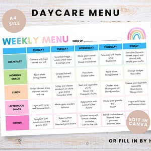 Menu hebdomadaire garderie pour garderie Planificateur de repas hebdomadaire Menu préscolaire imprimable pour enfants Modèle canva modifiable Modèle de menu garderie à domicile A4
