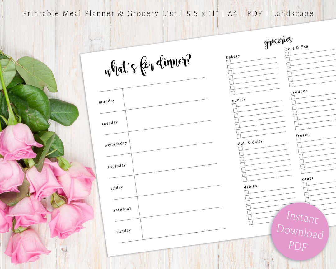 Weekly Meal Planner Printable: Family Dinner Menu & Grocery List (A4/US ...
