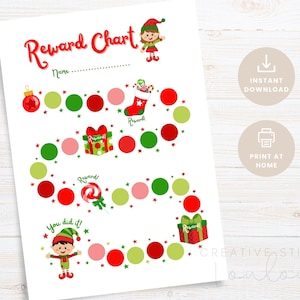 May include: A printable Christmas reward chart with a red "Reward Chart" title and space for a name. The chart features a path of red, green, and pink circles, with festive illustrations like a Christmas stocking, gift, and elf.