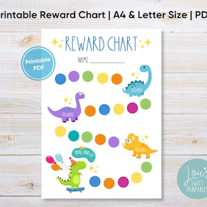 May include: A printable reward chart featuring a dinosaur theme. The chart has a space for a child's name and a series of colorful circles to be filled in as rewards are earned. The chart includes a dinosaur with balloons, a dinosaur riding a skateboard, and a dinosaur with a crown.