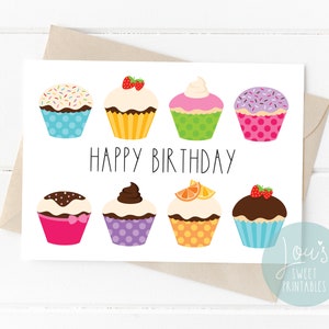 Verjaardagskaart afdrukbare gelukkige verjaardagskaart Kleurrijke leuke cupcakes Opvouwbare wenskaart voor verjaardagscadeau PDF 5x7