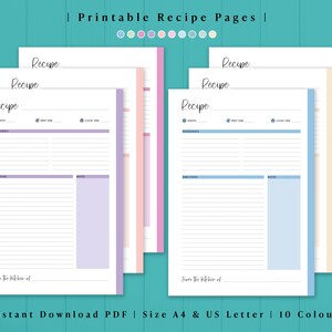 Puede incluir: P&aacute;ginas de recetas imprimibles en diez colores diferentes. Cada p&aacute;gina tiene secciones para porciones, ingredientes, tiempo de preparaci&oacute;n, tiempo de cocci&oacute;n, instrucciones y notas. Las p&aacute;ginas est&aacute;n dise&ntilde;adas para los tama&ntilde;os A4 y US Letter.