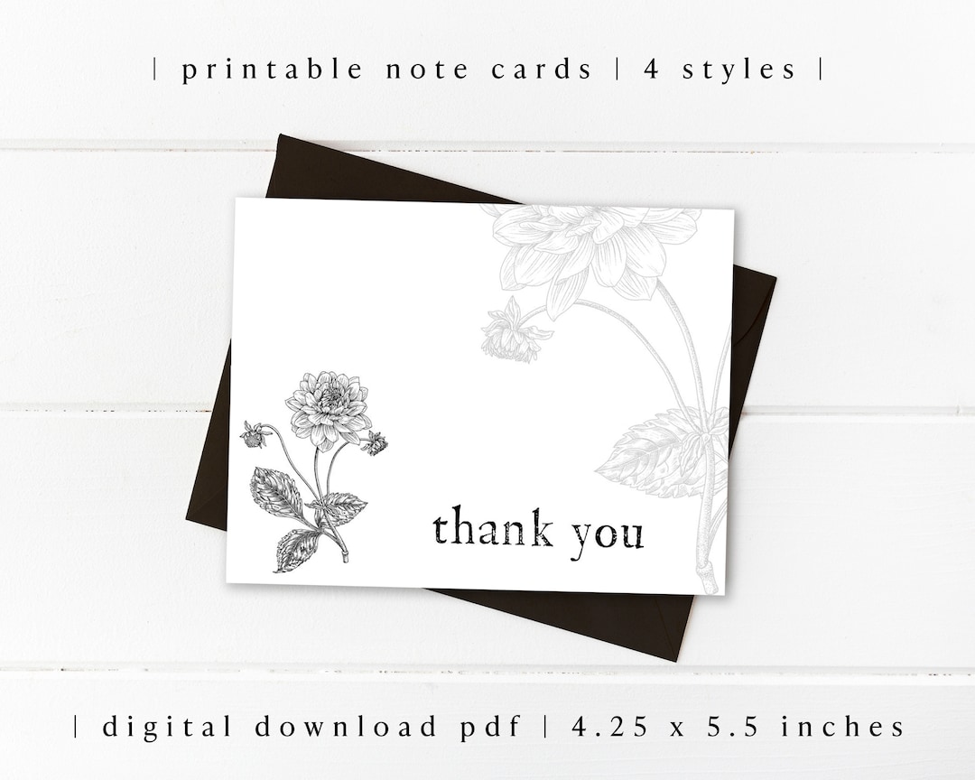 Botanical Note Cards Printable: Black and White Floral Greeting Card ...