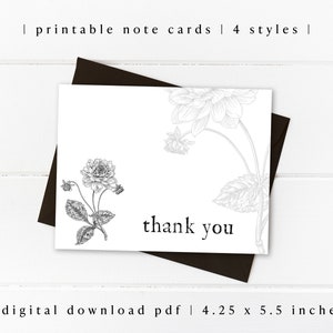 Cartões de notas Cartão botânico imprimível 4,25 x 5,5 "Cartão em branco floral preto e branco Download instantâneo PDF conjunto de 4