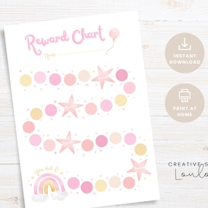 Może przedstawiać: Drukowana tabela nagród w kolorze różowym i złotym z tęczą i gwiazdami. Tabela ma miejsce na imię i sekcję na naklejki lub znaczki.