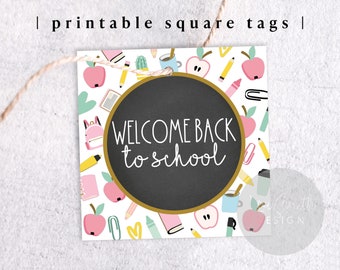 Printable 2" Welcome Back to School Square Cookie Tag, 2-inch Student Teacher Gift Tag, Instant Download