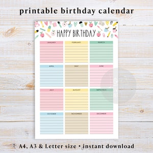 Calendario de cumpleaños imprimible para niños, póster de cumpleaños imprimible para profesor, calendario de cumpleaños para decoración de aula