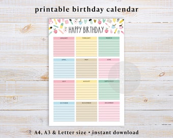 Printable Birthday Calendar, Kids Birthday Tracker, Instant Digital Download, A3, A4 and Letter Size