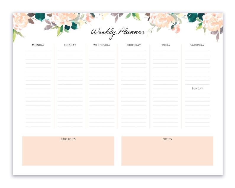 Weekly Planner Printable Daily Organizer Floral Peach Peony Weekly ...