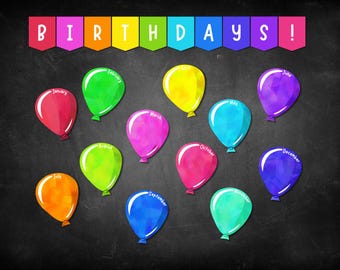 クラスの誕生日用レインボーバルーンバースデーボード、教室装飾（印刷可能なPDFファイル）