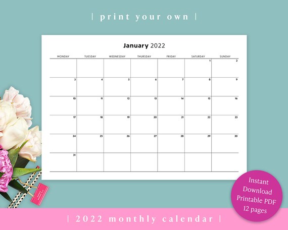 printable minimalist 2022 monthly calendar year calendar a4 etsy