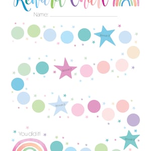 May include: A colorful printable reward chart with a rainbow at the top and a rainbow at the bottom. The chart has a space for a name, and a series of circles to color in as rewards are earned. The text "You did it!" is at the bottom of the chart.
