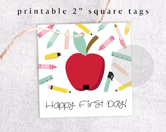 Printable 2" Happy First Day! Square Cookie Tag, Back to School 2-inch Treat Gift Tag, Instant Download