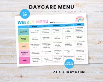 Weekly Daycare Menu Planner Rainbow Meal Planner Editable Canva Template A4