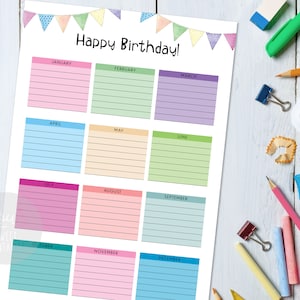 Birthday Calendar for Class Birthday Tracker for Teachers Classroom Birthday List for Kids Printable Instant Download A4, A3 and Letter Size