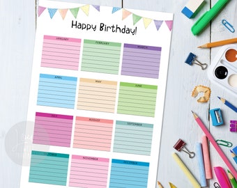 Birthday Calendar for Class Birthday Tracker for Teachers Classroom Birthday List for Kids Printable Instant Download A4, A3 and Letter Size