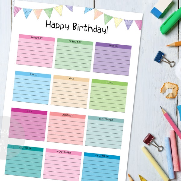 Kids Birthday Calendar Printable, Class Birthday Tracker, Instant Download A4, A3 and Letter Size