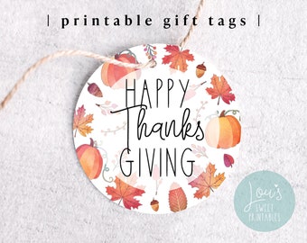 Thanksgiving Round Tag, Happy Thanksgiving 2&quot; Gift Tag Printable, Pumpkin Fall Leaves Cookie Tag, Instant Digital Download