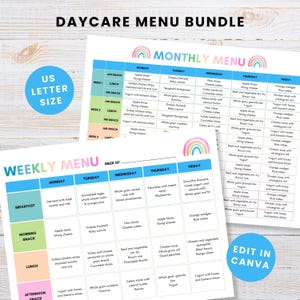 May include: Daycare menu bundle with weekly and monthly menu templates. The menus feature daily meal plans with breakfast, lunch, and snack options. Includes text: "US LETTER SIZE" and "EDIT IN CANVA".