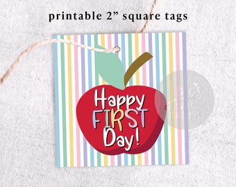 Printable 2" Happy First Day Square Cookie Tag, Back to School 2-inch Kids Gift Tag, Instant Download