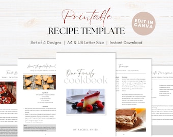 Editable Recipe Template, Canva Editable Cookbook Template, Classic Recipe Pages, A4 and US Letter Sizes, Binder Pages, 4 Designs