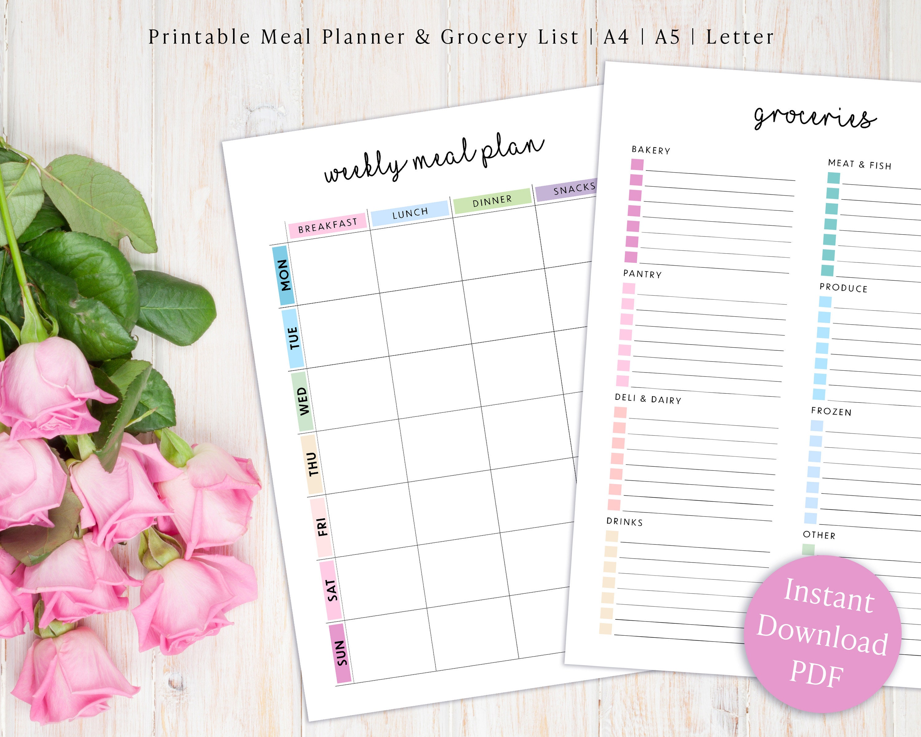 Weekly Meal Planner with Grocery List Printable Weekly Menu Planner and Shopping List for Families PDF Landscape Horizontal