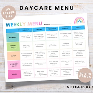 Menú semanal de guardería para planificador de comidas semanal de guardería Menú preescolar imprimible para niños Menú de plantilla de Canva editable Carta de EE. UU. de guardería en casa