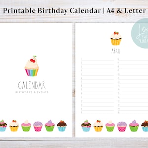 Calendario de Cumpleaños Calendario Perpetuo Imprimible para Eventos Anuales Calendario Cupcakes Coloridos Descarga Instantánea PDF Tamaño A4 y Carta