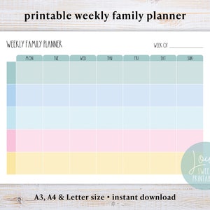 Planificador familiar semanal Calendario semanal familiar imprimible Organizador diario para la familia PDF A3 A4 y tamaño carta EE. UU. Horizontal horizontal