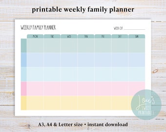 Weekly Family Planner Printable Family Weekly Schedule Daily Organizer for Family PDF A3 A4 and US Letter Size Horizontal Landscape